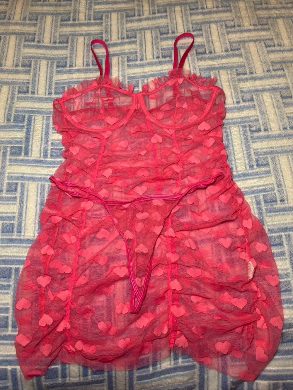 Hot Pink Ruffle Heart Design Sheer Lingerie Nightgown Teddy  Matching G-String